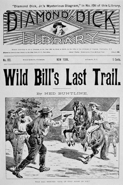 Forside av 'Wild Bill's Last Trail', en Ned Buntline 'Dime'-roman med Wild Bill Hickok (1837-76) 1896 (litho) av American School