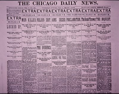Forsiden av The Chicago Daily News rapporterer Chicago Haymarket Labor Riot, 5. mai 1886 (avispapir) av American School
