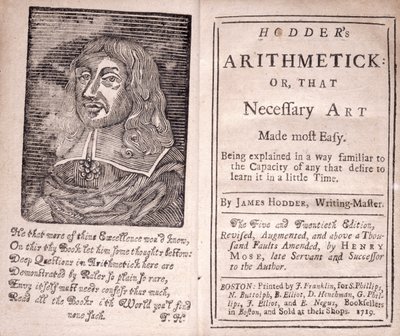 Frontispice og tittelside for Hodders Arthimetick or, That Necessary Art Made most Easy, av James Hodder, 1719 av American School
