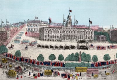 Begravelsesprosesjon til Abraham Lincoln, 25. april 1865 i New York, pub. 1865 (håndfarget gravering) av American School
