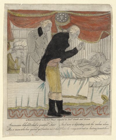 G. Washington i sin siste sykdom, deltatt av Drs. Craik og Brown, pub. ca. 1800 (håndfarget gravering) av American School