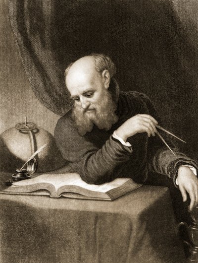 Galileo med kompass og diagrammer, ca. 1880 (gravering) av American School