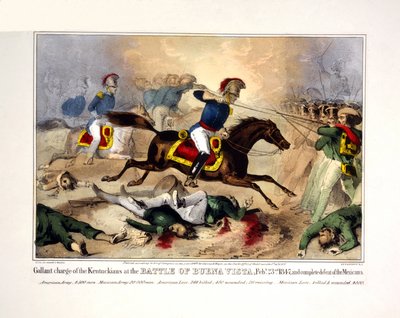 Kentuckianernes tapre angrep i slaget ved Buena Vista, 23. februar 1847 og fullstendig nederlag for meksikanerne, utgitt i 1847 (håndkolorert litografi) av American School