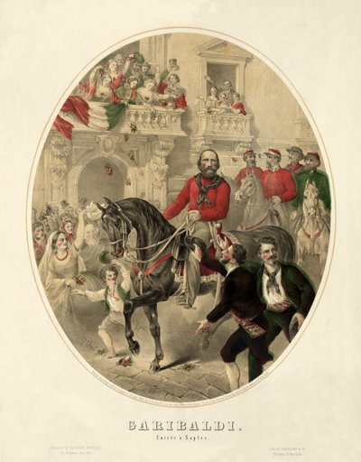 Garibaldi, entré til Napoli, pub. 1860 (håndfarget gravering) av American School