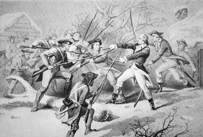 General Anthony Wayne forsøker å slå ned et mytteri av pennsyvanske tropper fra Morristown på nyttårsdag 1781 (litho) av American School