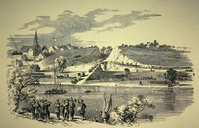 General Banks (1816–94) unionsdivisjon som krysset Potomac fra Williamsport, Maryland, for å angripe den konfødererte hæren under general Jackson (1824–63) i 1862 (litho) av American School