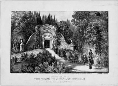 General Grant ved graven til Abraham Lincoln, Oak Ridge Cemetery, Springfield, Illinois, pub. av Currier & Ives, 1868 av American School