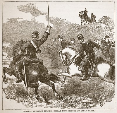 General Sheridan snur nederlag til seier på Cedar Creek, fra en bokpub. 1896 av American School