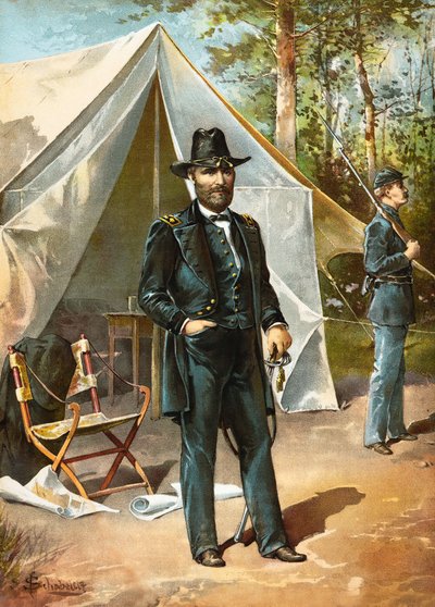 General Ulysses S Grant står foran teltet sitt under den amerikanske borgerkrigen, pub. 1892 av American School