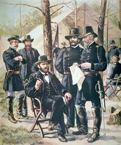 General Ulysses Simpson Grant, sjef for unionsstyrkene i slaget ved Shiloh, 6.-7. april 1862 (farge litho) av American School