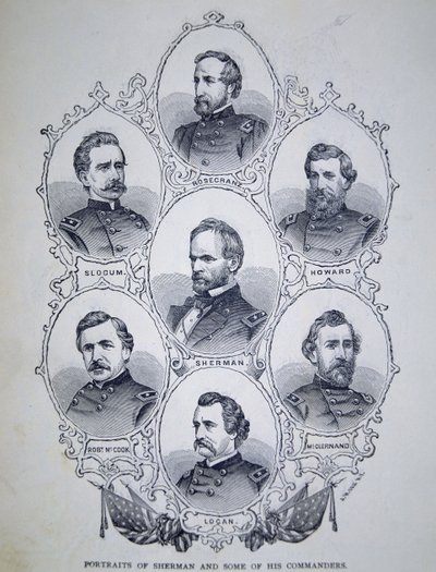 General William Tecumseh Sherman (1820-91) og noen av hans unionshærsjefer (gravering) av American School