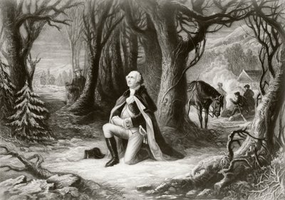 George Washington ber ved den amerikanske revolusjonskrigens leir i Valley Forge vinteren 1777-78, etter et maleri av Henry Brueckner av American School