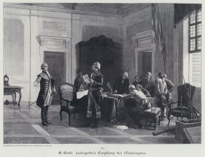 George Washington ønsker Marquis de Lafayette velkommen (gravering) av American School