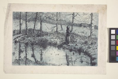 Girl By Pond (etsing og platetone trykt i blått) av American School