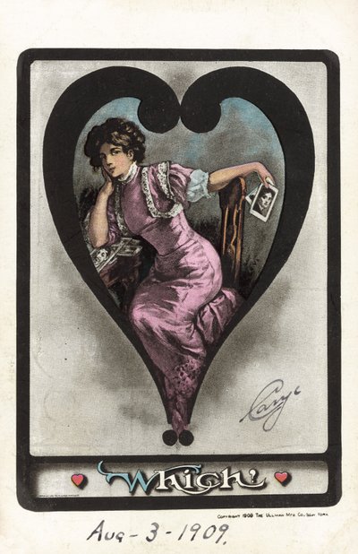 Jente som vurderer de relative attraksjonene til elskerne hennes (farge litho) av American School