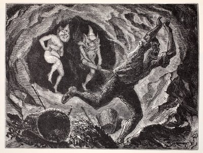Gnomes Terrifying a Miner, fra The World Guide to Gnomes, Fairies, Alves and Other Little People av Thomas Keightley (1789-1872) Publisert 1880 av American School