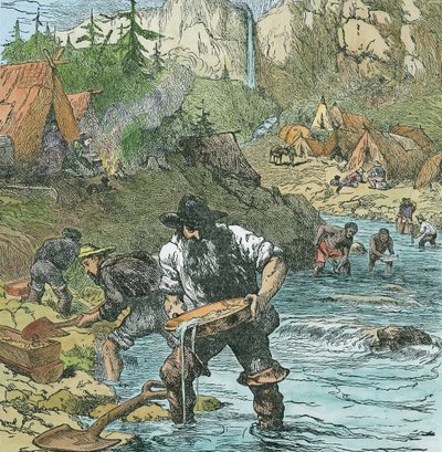 Gold Washing i California, fra en bokpub. 1896 (håndfarget gravering) av American School