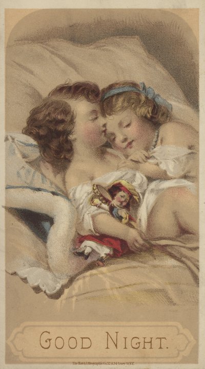 God natt, barn som sover i sengen (chromolitho) av American School
