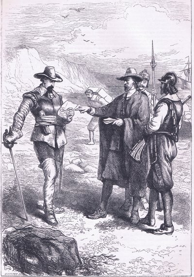 Gorton's landing (1646), illustrasjon fra Cassell's History of the United States pub. av Petter & Galpin ca. 1890 (litho) av American School