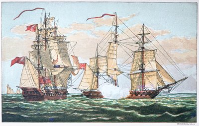 HMS Shannon vs den amerikanske Chesapeake i 1813 under krigen i 1812 (farge litho) av American School