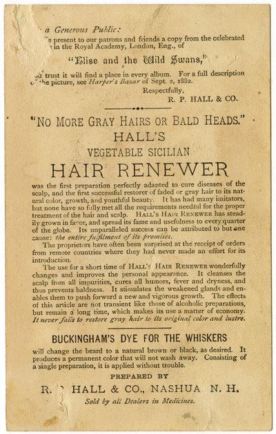 Halls Vegetable Sicilian Hair Renewer, gjenoppretter grått hår til sin opprinnelige farge og forhindrer skallethet. Verso, (litografi [varekort]) av American School