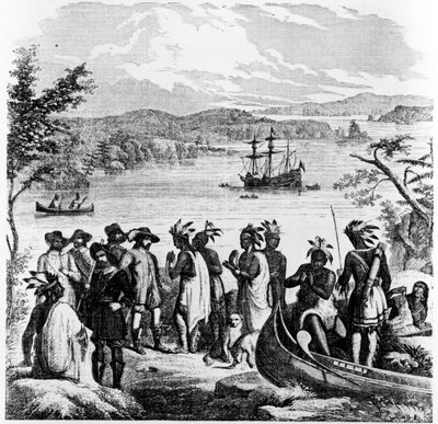 Henry Hudson Descending the Hudson River, illustrasjon fra Ballous Pictorial Drawing-Room Companion, 12. april 1856 av American School