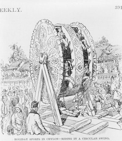 Holiday Sports in Ceylon, riding i et sirkulært hjul, ca. 1893 (illustrasjon) av American School
