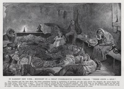 I mørkeste New York, Midnight in a Cheap Underground Lodging Cellar, "three cents a spot" (litho) av American School