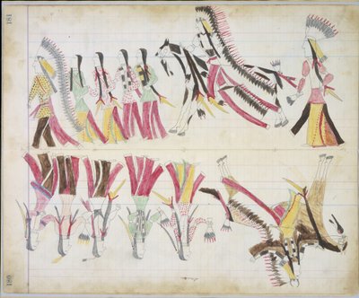 Indisk dans, illustrasjon fra Black Horse Ledger, 1877-79 (blyant og fargestift på papir) av American School