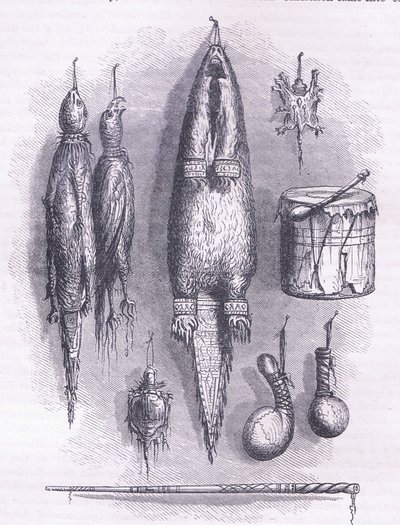 Indisk medisinpose, mystery fløyte, kamper og tromme 1661, illustrasjon fra Cassell