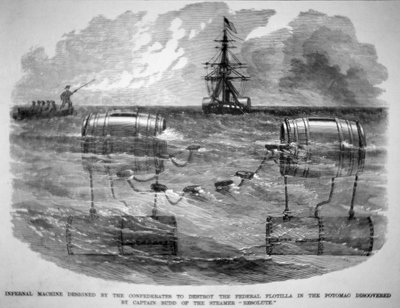 Infernal Machine designet av konføderasjonene for å ødelegge Federal Flotilla i Potomac (gravering) av American School
