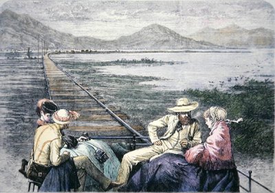 Inspeksjonsbil på Pacific Railroad, ca. 1870 (farget gravering) av American School