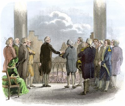 George Washingtons investitur (1732–1799) (fargegravering) av American School