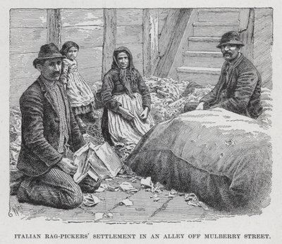 Italienske Rag-Pickers' bosetning i en bakgate utenfor Mulberry Street (litho) av American School