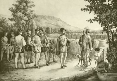 Jacques Cartier, hans første intervju med indianerne ved Hochelaga nå Montreal i 1535, ca. 1850 av American School