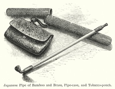 Japansk pipe av bambus og messing, pipe-etui og tobakkspose (gravering) av American School
