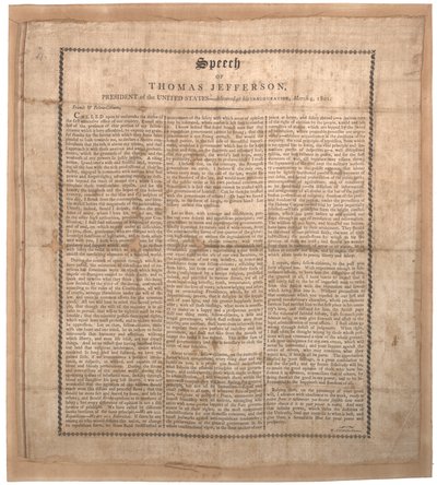 Jeffersons første åpningstale, trykt av Pechin, Baltimore, 4. mars 1801 (lito på silke) av American School
