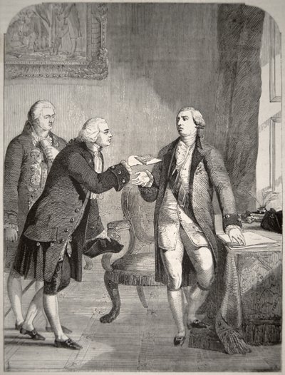 John Adams (1735-1826) som den første amerikanske ambassadøren til det engelske domstolen, og presenterte sin legitimasjon til kong George III (1738-1820) (litografi) av American School