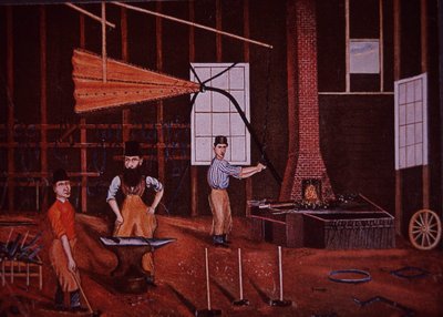John Mohler Studebaker (i midten), tysk-amerikansk vognmaker i verksted, ca. 1858 (farge litho) av American School