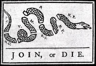 Join or Die, tegning, betrakter den første politiske tegneserien, publisert i "Pennsylvania", Gazette av Benjamin Franklin i 1754. Den representerer en slange delt inn i flere seksjoner med legenden "" Join or Die"". Dette er en appell til den 13 amerikans av American School
