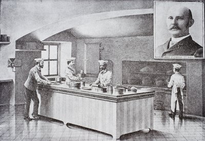 Kjøkken i Det hvite hus på 1890-tallet, med innfelt portrett av Hugo Ziemann av American School