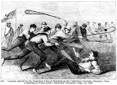 Lacrosse spilt av Dominion Club of Montreal på Capitoline Grounds, Brooklyn, fra en tegning i Frank Leslies Illustrated Newspaper av American School