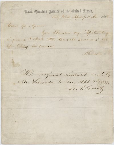 Brev fra Abraham Lincoln til general Ulysses S. Grant, 7. april 1865 av American School
