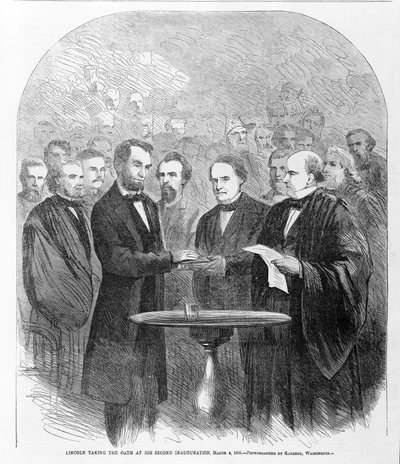 Lincoln avla ed ved sin andre innvielse, 4. mars 1865, publisert 1865 av American School