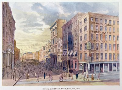 Ser nedover Broad Street fra Wall i 1873, illustrasjon fra Old New York, i går og i dag av Henry Collins Brown, 1922 av American School