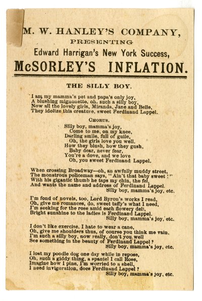 M.W. Hanleys Col presenterer Edward Harrigans siste N.Y. Success, McSorleys Inflation [teaterkort]. Verso, ca. 1882 (litografi [handelskort]) av American School