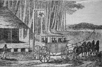 Mail Coach, illustrasjon fra 'Travels in North America' av Isaac Weld (1774-1856) 1795 (gravering) av American School