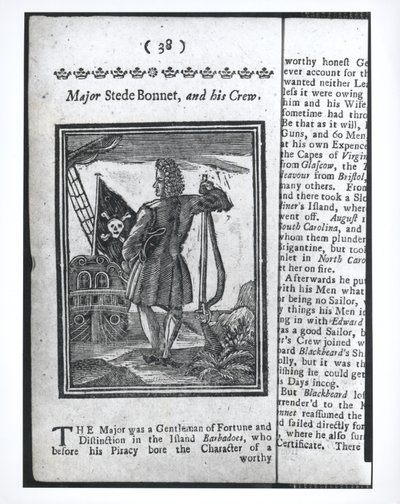 Major Stepe Bonnet, side 38 fra Historier og liv til alle de mest beryktede piratene og deres mannskaper, London, 1725 av American School