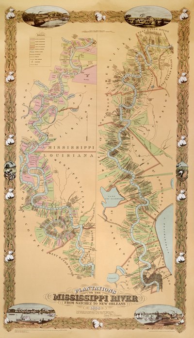 Kart som viser plantasjer ved Mississippi-elven fra Natchez til New Orleans, 1858 av American School