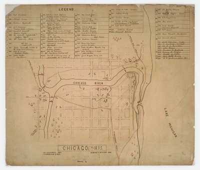 Kart over historiske hus og steder i Chicago, Illinois, ca. 1835 av American School